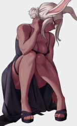 Rule 34 | 1girl, alternate costume, alternate hairstyle, animal ears, bare arms, bare legs, bare shoulders, black dress, black footwear, blush, boku no hero academia, breasts, cleavage, closed mouth, dark-skinned female, dark skin, dress, eyes visible through hair, feet, full body, hair bun, hand up, highres, knees together feet apart, knees up, large breasts, legs, long dress, long eyelashes, long hair, looking down, mirko, nail polish, nose blush, pelvic curtain, rabbit ears, rabbit girl, red eyes, red nails, shadertoons, single hair bun, sleeveless, sleeveless dress, smile, solo, spaghetti strap, squatting, thigh strap, toeless footwear, toenail polish, toenails, toes, white background, white hair