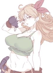 Rule 34 | 1girl, ahoge, bare shoulders, belt, blonde hair, blue eyes, bow, breasts, brown gloves, commentary request, curly hair, dragon ball, explosive, fingerless gloves, fingernails, gloves, grenade, hair bow, hairband, highres, large breasts, long hair, looking at viewer, lunch (bad) (dragon ball), lunch (dragon ball), midriff, navel, pants, parted lips, pouch, red bow, simple background, solo, tasaka shinnosuke, white background
