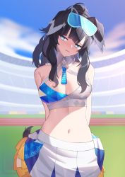 Rule 34 | 1girl, animal ears, arms behind back, bare shoulders, blue archive, blue eyes, blush, breasts, bright pupils, cheerleader, cleavage, contrapposto, cowboy shot, crop top, detached collar, dog ears, dog girl, dog tail, english text, eyewear on head, goggles, goggles on head, halo, head tilt, hibiki (blue archive), hibiki (cheer squad) (blue archive), highres, holding, holding pom poms, its2h35, jitome, large breasts, looking away, looking to the side, midriff, millennium cheerleader outfit (blue archive), miniskirt, navel, open mouth, pom pom (cheerleading), pom poms, ponytail, sidelocks, skirt, stadium, tail, white skirt