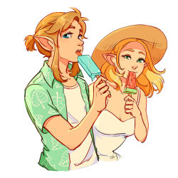 Rule 34 | 1boy, 1girl, blonde hair, blue eyes, collared shirt, commentary, cropped torso, dress, eating, english commentary, food, green eyes, hat, holding, holding food, holding ice cream, ice cream, leaf print, link, medium hair, nintendo, open clothes, open shirt, ponytail, princess zelda, shirt, short sleeves, sidelocks, smile, straw hat, tank top, the legend of zelda, the legend of zelda: breath of the wild, tongue, tongue out, upper body, white dress, white tank top, ynartistic
