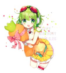 Rule 34 | 1girl, :d, bad id, bad pixiv id, belt, blush, breasts, brooch, carrot-shaped pillow, cleavage, commentary request, confetti, covered navel, cropped legs, dated, detached collar, goggles, goggles on head, green belt, green eyes, green hair, gumi, happy birthday, headphones, jewelry, leaning forward, looking at viewer, miniskirt, hugging object, open mouth, orange shirt, orange skirt, pillow, pillow hug, pink ribbon, pleated skirt, red-tinted eyewear, ribbon, see-through, shirt, short hair with long locks, skirt, sleeveless, sleeveless shirt, smile, solo, thigh strap, tinted eyewear, vocaloid, wrist cuffs, youichi (45 01)