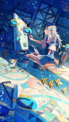Rule 34 | 1girl, absurdres, air bubble, angelfish, between legs, black hair, blue hair, blue overalls, blue theme, book, bookshelf, bread, broken window, bubble, colored inner hair, commentary, commentary request, cup, cushion, dated, dutch angle, earrings, easel, fingernails, fish, fish earrings, fish request, food, from side, hand between legs, highres, holding, holding brush, holding paintbrush, indian style, indoors, jewelry, long hair, looking at object, looking away, mixed-language commentary, moorish idol, mouth hold, mug, multicolored hair, nail polish, on floor, orange nails, original, overalls, paint tube, paintbrush, painting (action), painting (object), palette (object), parchment, pipe in mouth, plant, potted plant, shelf, shi-ro, shirt, signature, sitting, smoking pipe, solo, strap slip, surgeonfish, tile floor, tiles, tropical fish, two-tone hair, underwater, white shirt, wide sleeves, window, wrapper, yellow eyes
