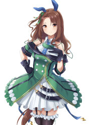 Rule 34 | 1girl, absurdres, alan (210bush), animal ears, bare shoulders, black gloves, black thighhighs, brown hair, buttons, commentary request, cowboy shot, dress, ear covers, frilled dress, frilled thighhighs, frills, garter straps, gloves, green dress, hair between eyes, hand on own hip, highres, horse ears, horse girl, horse tail, king halo (umamusume), layered dress, red eyes, smile, solo, tail, thighhighs, umamusume