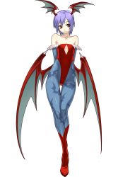 Rule 34 | 1girl, arms behind back, bare shoulders, bat wings, blue pantyhose, boots, breasts, bridal gauntlets, capcom, cleavage cutout, clothing cutout, cross edge, demon girl, flat chest, fur trim, head wings, highleg, highres, knee boots, leotard, lilith aensland, long legs, nakamura tatsunori, official art, pantyhose, parted bangs, pink eyes, print pantyhose, purple hair, red eyes, short hair, simple background, smile, solo, standing, thigh gap, thighs, vampire (game), wings