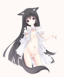 Rule 34 | 1girl, animal ears, bare shoulders, black hair, breasts, clothes in mouth, clothes lift, dress, dress in mouth, dress lift, highres, lifted by self, long hair, maebari, medium breasts, mouth hold, navel, original, purple eyes, sagami rin, small breasts, solo, tail, very long hair