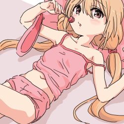 Rule 34 | 1girl, bare shoulders, blonde hair, blush, brown eyes, camisole, candy, flat chest, food, futaba anzu, holding, holding candy, holding food, holding lollipop, idolmaster, idolmaster cinderella girls, lollipop, long hair, looking at viewer, low twintails, lying, navel, on back, open mouth, pink camisole, pink shorts, short shorts, shorts, sketch, solo, strap slip, stuffed animal, stuffed rabbit, stuffed toy, twintails, upper body, ykr (youkiri)