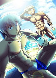 Rule 34 | 2boys, abs, artist request, blue male swimwear, blue swim briefs, character request, completely nude, copyright request, flaccid, lens flare, male focus, male swimwear, multiple boys, muscular, nude, pectorals, pectorals, penis, swim briefs, swimsuit, tagme