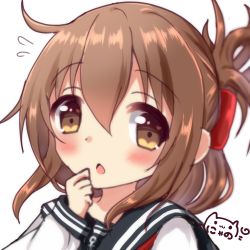 Rule 34 | 1girl, anchor symbol, black sailor collar, blush, brown eyes, brown hair, chestnut mouth, commentary request, flying sweatdrops, folded ponytail, hair between eyes, hand up, inazuma (kancolle), kantai collection, long hair, long sleeves, nyano21, parted lips, sailor collar, school uniform, serafuku, shirt, signature, simple background, sleeves past wrists, solo, upper body, white background, white shirt