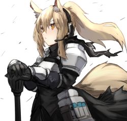 Rule 34 | 1girl, animal ear fluff, animal ears, arknights, armor, blonde hair, breastplate, commentary request, hair between eyes, headset, highres, holding, horn/wood, horse ears, horse girl, horse tail, long hair, looking afar, nearl (arknights), orange eyes, ponytail, shoulder armor, sidelocks, solo, tail, upper body, weapon, white background