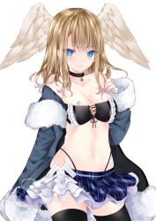 Rule 34 | 1girl, black jacket, blue eyes, breast tattoo, breasts, choker, cleavage, closed mouth, eunie (xenoblade), head wings, highres, jacket, large breasts, long hair, looking at viewer, nanase nao, open clothes, open jacket, skirt, smile, solo, tattoo, white wings, wings, xenoblade chronicles (series), xenoblade chronicles 3