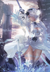 Rule 34 | 1girl, arm up, blue eyes, boots, breasts, cameltoe, cleavage, cleavage cutout, clothing cutout, cloud, cloudy sky, commentary request, copyright name, dress, feather trim, feathers, flower, gloves, hair ornament, hairband, highres, holding, juliet sleeves, lips, long sleeves, maeshima shigeki, medium breasts, mole, mole under mouth, nier:automata, nier (series), outdoors, panties, parted lips, puffy sleeves, short hair, sky, solo, sword, thigh boots, thighhighs, turtleneck, underwear, weapon, weapon on back, white dress, white hair, white thighhighs, 2b (nier:automata)