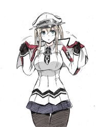 Rule 34 | 10s, 1girl, :o, anchor, black gloves, black necktie, black pantyhose, black ribbon, blonde hair, blue eyes, blue skirt, blush, breasts, capelet, collar, covered navel, cowboy shot, cross, female focus, gloves, graf zeppelin (kancolle), hair between eyes, hat, henshako, iron cross, kantai collection, large breasts, long sleeves, looking to the side, military, military uniform, miniskirt, necktie, pantyhose, parted lips, peaked cap, pleated skirt, ribbon, short hair with long locks, sidelocks, simple background, skirt, solo, standing, thigh gap, twintails, undressing, uniform, white background