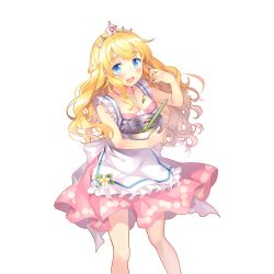 Rule 34 | 1girl, apron, artist request, blonde hair, blue eyes, bowl, braid, breasts, character request, chocolate, chocolate on body, chocolate on breasts, cleavage, dress, floral print, french braid, highres, holding, long hair, mixing bowl, official art, open mouth, solo, spatula, tiara, transparent background, uchi no hime-sama ga ichiban kawaii