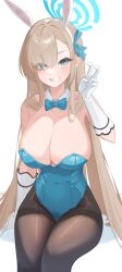 Rule 34 | 1girl, absurdres, animal ears, asuna (blue archive), asuna (bunny) (blue archive), blue archive, blue bow, blue bowtie, blue eyes, blue halo, blue leotard, bow, bowtie, breasts, brown hair, brown pantyhose, cleavage, detached collar, eyes visible through hair, fake animal ears, gloves, hair over one eye, halo, highres, large breasts, leotard, loais, looking at viewer, official alternate costume, pantyhose, rabbit ears, simple background, white background, white gloves