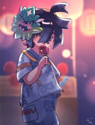 Rule 34 | 1boy, ahoge, black hair, blurry, blurry background, blush, candy apple, character mask, child, colored inner hair, commentary request, creatures (company), crossed bangs, eating, eyebrows hidden by hair, food, game freak, gurumin (gurruguru), hair between eyes, hair ornament, hairband, hand up, holding, japanese clothes, jinbei (clothes), kieran (pokemon), looking at viewer, male focus, mask, mask on head, medium hair, mole, mole on neck, multicolored hair, neck, night, nintendo, official alternate costume, outdoors, pokemon, pokemon sv, purple hair, shirt, short hair, short sleeves, shorts, sidelocks, solo, traditional clothes, two-tone hair, white shirt, white shorts, wide sleeves, yellow eyes, yellow hairband