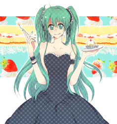 Rule 34 | 1girl, :q, armband, artist request, bad id, bad pixiv id, cake, dress, food, fork, frilled armband, frills, fruit, green eyes, green hair, green nails, hatsune miku, holding, holding fork, long hair, matching hair/eyes, nail polish, parted bangs, plate, simple background, solo, strapless, strapless dress, strawberry, tongue, tongue out, twintails, vocaloid, white background, wristband