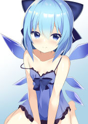 Rule 34 | 1girl, 9150namihana, absurdres, blue background, blue bow, blue dress, blue eyes, blue hair, bow, breasts, cirno, cleavage, closed mouth, commentary request, detached wings, dress, gradient background, hair bow, highres, ice, ice wings, looking at viewer, small breasts, smile, solo, strap slip, touhou, wings