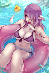 Rule 34 | 1girl, au ra, bikini, breasts, commentary, commission, dragon horns, dragon tail, english commentary, facing viewer, final fantasy, final fantasy xiv, floating, food, hair over one eye, horns, innertube, large breasts, lips, long hair, nail polish, navel, open mouth, partially submerged, pink eyes, pink hair, popsicle, rubber duck, scales, solo, soranamae, swim ring, swimsuit, tail, tongue, tongue out, water