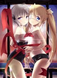 Rule 34 | 2girls, backlighting, black one-piece swimsuit, black school swimsuit, blonde hair, blue eyes, blush, breast press, breasts, clothes pull, cowboy shot, eyepatch, floating hair, frown, hair ornament, holding hands, kagari (rewrite), lens flare, light censor, long hair, looking at viewer, multiple girls, nakatsu shizuru, old school swimsuit, one-piece swimsuit, one-piece swimsuit pull, outdoors, purple eyes, red ribbon, rewrite, ribbon, school swimsuit, short hair, silver hair, small breasts, smile, standing, sunset, swimsuit, symmetrical docking, tagame (tagamecat), twintails, very long hair, wrist ribbon