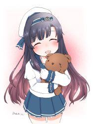 Rule 34 | 1girl, blue sailor collar, blue skirt, blush, closed eyes, freckles, gloves, gradient background, gradient hair, hat, highres, holding, holding stuffed toy, ibuki (abuki), kantai collection, long hair, long sleeves, matsuwa (kancolle), multicolored hair, open mouth, purple hair, red hair, sailor collar, school uniform, serafuku, simple background, skirt, smile, solo, stuffed animal, stuffed toy, teddy bear, twitter username, white gloves, white hat