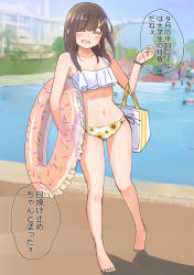 Rule 34 | 1girl, :d, absurdres, bad feet, bag, bikini, blurry, blurry background, blush, brown hair, closed eyes, commentary request, day, frilled bikini, frills, handbag, highres, innertube, kazutoshi-miike, long hair, open mouth, original, outdoors, partial commentary, patterned clothing, pool, smile, solo, swim ring, swimsuit, translated
