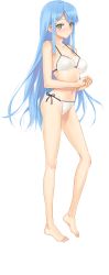 Rule 34 | 1girl, absurdres, barefoot, bikini, bishoujo mangekyou, blue hair, blush, breasts, collarbone, feet, full body, green eyes, hair ornament, hairclip, halterneck, happoubi jin, highres, large breasts, light blue hair, long hair, navel, official art, own hands together, parted lips, sawatari shizuku, side-tie bikini bottom, solo, standing, swimsuit, toes, transparent background, very long hair