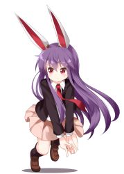Rule 34 | 1girl, animal ears, black jacket, black legwear, blazer, brown footwear, closed mouth, collared shirt, full body, hair between eyes, highres, jacket, long hair, long sleeves, looking to the side, necktie, pink skirt, pleated skirt, pointing, pointing down, purple hair, rabbit ears, red eyes, red necktie, reisen udongein inaba, ruu (tksymkw), shirt, simple background, skirt, solo, standing, touhou, v-shaped eyebrows, white background, white shirt