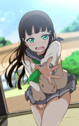Rule 34 | 10s, 1girl, bad id, bad pixiv id, black hair, blurry, blush, covering privates, covering crotch, day, depth of field, dutch angle, green eyes, highres, icehotmilktea, kurosawa dia, lens flare, long hair, long sleeves, looking at viewer, love live!, love live! school idol project, love live! sunshine!!, mole, mole under mouth, neckerchief, open mouth, pleated skirt, reaching, reaching towards viewer, school uniform, serafuku, shirt, skirt, sliding doors, solo, tatami, tie clip, tree, uranohoshi school uniform, wavy mouth, wind