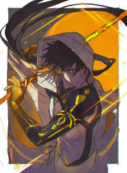 Rule 34 | 1boy, almoonnn, black hair, border, cloak, closed mouth, floating hair, frown, genshin impact, gloves, glowing, glowing eyes, hair over one eye, holding, holding weapon, hood, hood up, hooded cloak, limited palette, long hair, looking to the side, male focus, orange background, orange eyes, orange hair, orange theme, outside border, sketch, slashing, solo, tight clothes, upper body, very long hair, weapon, yellow theme, zhongli (genshin impact)