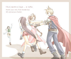 Rule 34 | 00s, 1boy, 2000s (style), 3girls, aerith gainsborough, armor, beige shorts, belt, black hair, blonde hair, blue pants, blue shirt, boots, bracelet, braid, brown hair, cape, cloud strife, dress, elbow pads, english text, final fantasy, final fantasy vii, gloves, green shirt, hair ribbon, holding another&#039;s wrist, jewelry, kingdom hearts, long dress, long hair, low-tied long hair, midriff, miniskirt, multiple girls, open mouth, pants, pink dress, pink ribbon, red cape, rendezvous, ribbon, shirt, short hair, shorts, shoulder armor, skirt, sleeveless, sleeveless turtleneck, spiked hair, square enix, suspenders, sweatdrop, thighhighs, tifa lockhart, turtleneck, open fly, waving, yuffie kisaragi