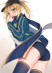 Rule 34 | 1girl, ahoge, artoria pendragon (fate), ass, baseball cap, black hat, black shorts, blonde hair, blue jacket, blue scarf, blush, breasts, fate (series), gradient background, green eyes, hair between eyes, hair through headwear, hat, highres, hizuki higure, jacket, long hair, long sleeves, looking at viewer, mysterious heroine x (fate), name tag, open clothes, open jacket, ponytail, rojiura satsuki: chapter heroine sanctuary, scarf, shirt, shorts, sidelocks, small breasts, solo, thighhighs, thighs, track jacket, white background, white shirt