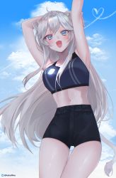 Rule 34 | 1girl, absurdres, ahoge, animal ears, arm behind head, armpits, arms up, bare shoulders, black shorts, blue eyes, blush, breasts, cloud, cloudy sky, contrail, contrapposto, cowboy shot, fangs, grey eyes, hair between eyes, high-waist shorts, highres, hololive, large breasts, leaning to the side, linea alba, lion ears, lion girl, lion tail, long hair, looking at viewer, midriff, navel, nellku24, open mouth, shiny clothes, shiny skin, shishiro botan, shishiro botan (button-down), short shorts, shorts, sidelocks, silver hair, sky, smile, solo, sports bra, sweat, tail, thigh gap, very long hair, virtual youtuber