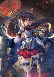 Rule 34 | 10s, 1girl, anchor, asymmetrical legwear, bare shoulders, black thighhighs, breasts, brown hair, cherry blossoms, closed mouth, female focus, hair ornament, highres, kantai collection, long hair, looking at viewer, oil-paper umbrella, pleated skirt, ponytail, red eyes, red skirt, single thighhigh, skirt, smile, solo, tako seijin, thighhighs, turret, type 91 armor-piercing shell, umbrella, uneven legwear, very long hair, yamato (kancolle)