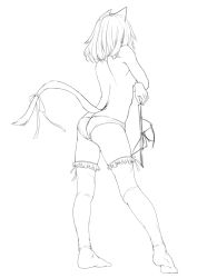 Rule 34 | 1girl, animal ears, ass, bad id, bad pixiv id, bra, unworn bra, breasts, butt crack, cat ears, cat tail, covering privates, covering breasts, ewokaku kitsune, extra ears, facing away, frilled thighhighs, frills, greyscale, holding, holding bra, holding clothes, holding underwear, lineart, monochrome, original, panties, ribbon, short hair, shoulder blades, sideboob, simple background, sketch, small breasts, solo, tail, tail ornament, tail ribbon, thighhighs, underwear, underwear only, white background