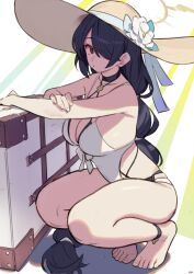 Rule 34 | 1girl, barefoot, black hair, blue archive, braid, breasts, cleavage, feet, flower, full body, hair over one eye, halo, hat, hat flower, highres, hinata (blue archive), hinata (swimsuit) (blue archive), large breasts, legs, long hair, looking at viewer, one-piece swimsuit, red eyes, simple background, single braid, solo, songchuan li, squatting, sun hat, swimsuit, tiptoes, toenails, toes, very long hair, white flower