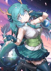 Rule 34 | 1girl, :&gt;, animal ears, bare shoulders, belt, black footwear, blue dragon (kemono friends), blue eyes, blue footwear, blue gloves, blue hair, blue necktie, blue skirt, blue thighhighs, blush, boots, cherry blossoms, collared shirt, dragon ears, dragon girl, dragon horns, dragon tail, fingerless gloves, fishnet thighhighs, fishnets, frilled gloves, frilled skirt, frilled thighhighs, frills, gloves, green belt, hair between eyes, highres, horns, ito yoki, japari symbol, kemono friends, kemono friends 3, long hair, looking at viewer, necktie, pleated skirt, scales, shirt, sidelocks, skirt, sleeveless, solo, sunset, tail, thighhighs, two-tone boots, white shirt, zettai ryouiki