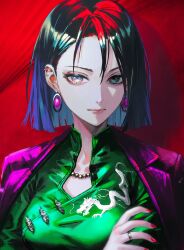 Rule 34 | 1girl, absurdres, black hair, china dress, chinese clothes, closed mouth, dress, ear piercing, highres, jacket, jewelry, multicolored hair, nababa, nail polish, necklace, original, piercing, purple jacket, ring, short hair
