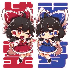 Rule 34 | 2girls, ahoge, alternate color, ascot, black footwear, black hair, blue bow, blue eyes, blue skirt, blue vest, bow, chibi, commentary request, detached sleeves, dnk, dual persona, frilled ascot, frilled bow, frilled skirt, frills, hair bow, hair tubes, hakurei reimu, heart, heart hands, highres, long sleeves, looking at viewer, mary janes, midriff peek, multiple girls, one eye closed, orange ascot, player 2, red bow, red eyes, red skirt, red vest, ribbon trim, shoes, short hair, sidelocks, simple background, skirt, thick eyebrows, touhou, translation request, vest, white background, white legwear, white sleeves, wide sleeves