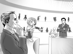 Rule 34 | 2boys, :3, alien, better call saul, breaking bad, cape, closed mouth, collared shirt, courtroom, crossover, formal, gloamy, gloves, greyscale, highres, howard hamlin, kyubey, looking at another, magical girl, mahou shoujo madoka magica, miki sayaka, monochrome, multiple boys, multiple girls, necktie, open mouth, pointing, pointing at another, saul goodman, shirt, short hair, standing, suit, upper body