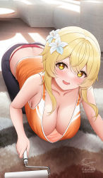 Rule 34 | 1girl, :d, all fours, ass, bare shoulders, black pants, blonde hair, blush, breasts, butt crack, carpet, cleavage, collarbone, downblouse, flower, fukuro daizi, genshin impact, hair flower, hair ornament, hanging breasts, highres, holding, large breasts, lint roller, looking at viewer, lumine (genshin impact), no bra, open mouth, orange tank top, panties, pants, panty peek, red panties, rug, short hair with long locks, smile, solo, tank top, thong, underwear, whale tail (clothing), white flower