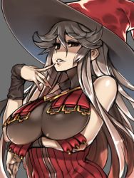 Rule 34 | 10s, 1girl, breast lift, breasts, cleavage, female focus, granblue fantasy, hat, highres, large breasts, long hair, magisa (granblue fantasy), okita ababa, see-through, see-through cleavage, silver hair, solo, underboob, witch hat