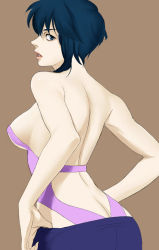 Rule 34 | 1girl, ass, back, bad id, bad pixiv id, blue eyes, blue hair, bora, breasts, brown background, ghost in the shell, kusanagi motoko, large breasts, matching hair/eyes, short hair, sideboob, solo, undressing