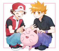 Rule 34 | 2boys, :d, baseball cap, black footwear, black shirt, black wristband, blue oak, brown hair, closed eyes, collared shirt, commentary request, creatures (company), framed, game freak, gen 1 pokemon, hat, highres, jewelry, jigglypuff, male focus, mochi (mocchi p 2m), multiple boys, necklace, nintendo, open mouth, pants, pokemon, pokemon (creature), pokemon frlg, purple pants, red (pokemon), red headwear, red vest, shirt, shoes, short hair, short sleeves, smile, spiked hair, squatting, t-shirt, teeth, tongue, upper teeth only, vest, white background, wristband