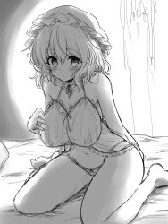 Rule 34 | 2girls, :/, absurdres, arm behind back, bare shoulders, blush, bra, breasts, chemise, closed mouth, collarbone, commentary request, efukei, foot out of frame, greyscale, hair between eyes, hat, highres, indoors, large breasts, leaning forward, looking at viewer, maribel hearn, mob cap, monochrome, multiple girls, see-through, see-through bra, short hair, simple background, sitting, solo focus, touhou, usami renko, wariza