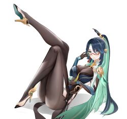 Rule 34 | 1girl, absurdres, aqua eyes, aqua hair, blue hair, bodystocking, breasts, cloud retainer (genshin impact), colored inner hair, commentary request, genshin impact, glasses, high heels, highres, knee up, kuaidaowanlilai, large breasts, leg up, long hair, looking at viewer, multicolored hair, red-framed eyewear, solo, thighs, very long hair, xianyun (genshin impact)
