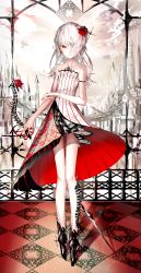 Rule 34 | 1girl, armband, bare shoulders, boots, castle, cloud, collarbone, dress, earrings, flower, hair flower, hair ornament, hair over one eye, highres, jewelry, long hair, looking at viewer, nail polish, original, red eyes, red nails, rooseputo 02, rose, solo, spine, spire, standing, strapless, strapless dress, striped clothes, striped dress, sword, tile floor, tiles, weapon, white hair