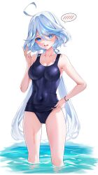Rule 34 | 1girl, ahoge, armpits, bare arms, bare shoulders, blue eyes, blue hair, blue one-piece swimsuit, blush, breasts, collarbone, commentary request, covered navel, cowlick, drop-shaped pupils, furina (genshin impact), genshin impact, gluteal fold, hair between eyes, heterochromia, highres, holding, holding clothes, light blue hair, long hair, looking at viewer, matrix16, medium breasts, multicolored hair, old school swimsuit, one-piece swimsuit, open mouth, ponytail, revision, school swimsuit, school swimsuit flap, simple background, solo, spoken blush, standing, swimsuit, symbol-shaped pupils, wet, wet clothes, wet swimsuit, white background, white hair