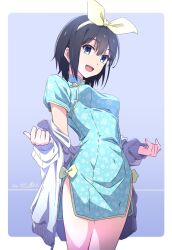 Rule 34 | 1girl, :d, black hair, blue dress, blue eyes, border, bow, bow hairband, breasts, china dress, chinese clothes, commentary request, cowboy shot, dated, dress, dress bow, floral print, hairband, highres, jacket, jacket partially removed, looking at viewer, medium breasts, monai-chan (nii manabu), nii manabu, open mouth, original, outside border, short sleeves, side slit, signature, single sidelock, smile, solo, white border, white jacket, yellow bow