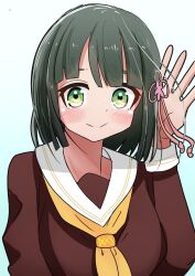 Rule 34 | 1girl, blue background, blunt bangs, blush, brown dress, dress, flower, gradient background, green eyes, green hair, hair flower, hair ornament, hand up, hasu no sora school uniform, highres, link! like! love live!, long sleeves, looking at viewer, love live!, momose ginko, neckerchief, noseru, one-hour drawing challenge, open hand, pink flower, sailor collar, sailor dress, school uniform, solo, two-tone background, upper body, virtual youtuber, white background, white sailor collar, winter uniform, yellow neckerchief