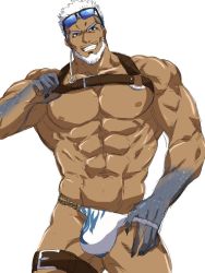 Rule 34 | 1boy, abs, aegir (housamo), aegir (swimsuit) (housamo), aqua hair, bad id, bad twitter id, bara, bare pectorals, beard, blue eyes, bulge, chest harness, chikuwa (trtrtkb), clothes pull, dark-skinned male, dark skin, earrings, facial hair, feet out of frame, harness, jewelry, large pectorals, leg belt, male focus, male swimwear, mature male, multicolored hair, muscular, muscular male, navel, nipples, one-piece swimsuit pull, pectorals, pulled by self, seductive smile, short hair, single earring, smile, solo, stomach, streaked hair, swim briefs, swimsuit, thick thighs, thighs, tokyo houkago summoners, white hair, white male swimwear, white swim briefs